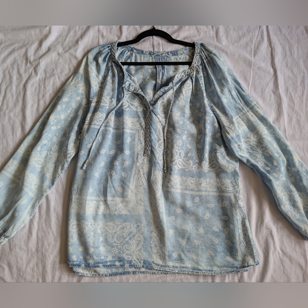 Bohemian Peasant Style Chambray Bandana/Handkerchief Long Sleeve Tunic Top Sx XL